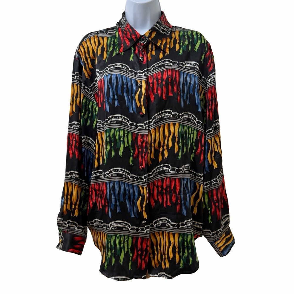 VTG Corey B Artsy 100% Silk Button Up Blouse Size 12 Colorful 90s Abstract Print